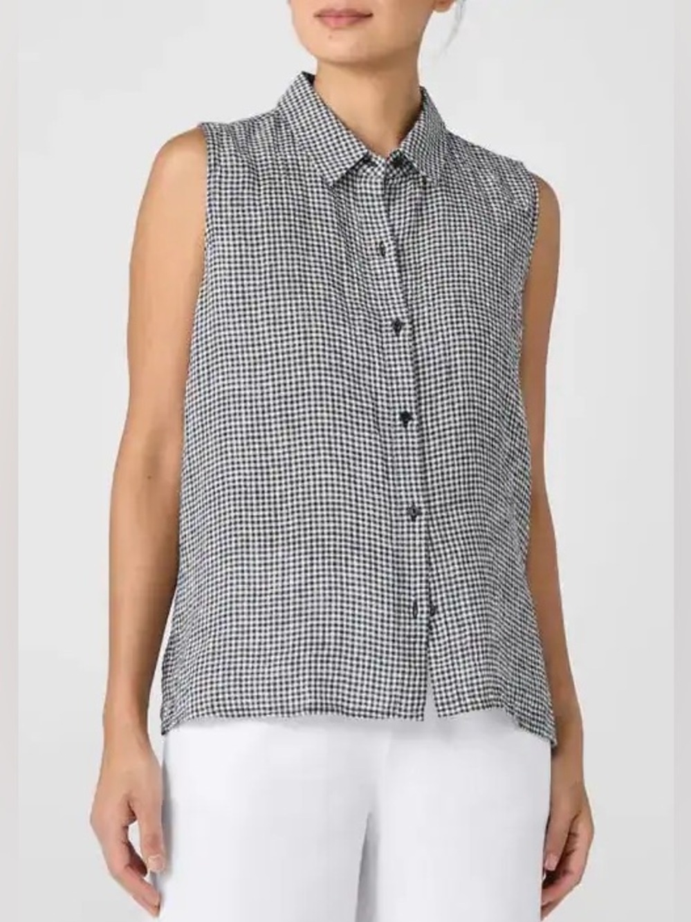 Eileen Fisher Linen Gingham Sleeveless Black & White Button-Front Top